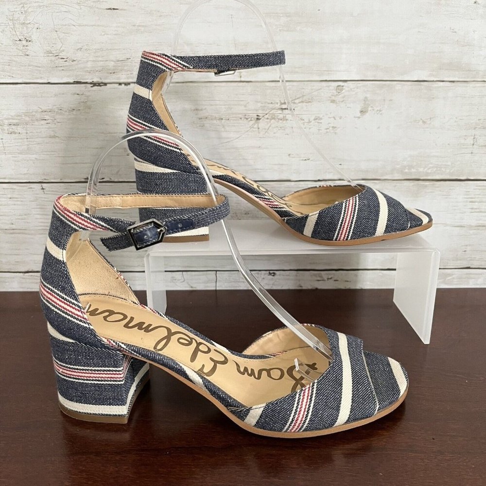 Sam Edelman Women's Denim Stripe Susie Ankle Buckle Heels 7.5 M Red White Blue